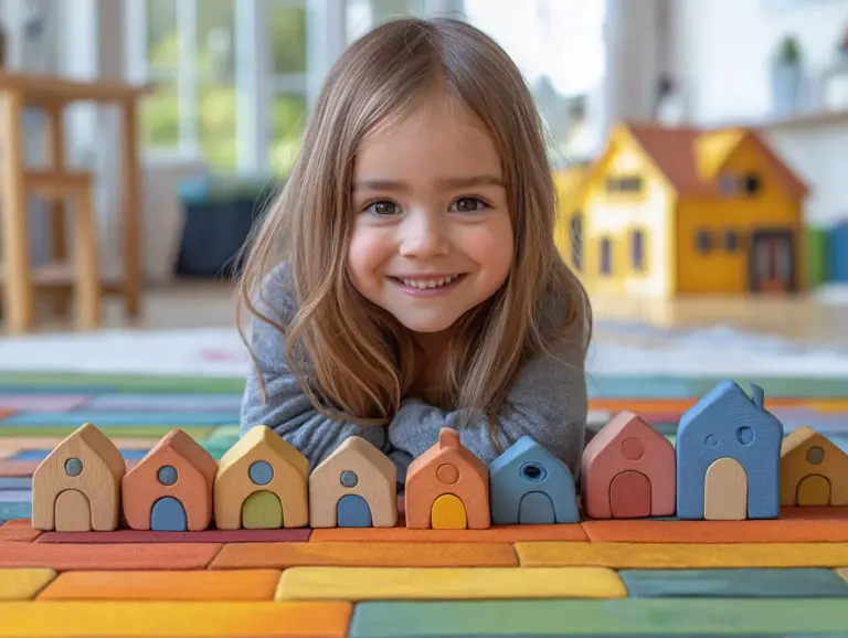 5-year old girl lays on colorful mat in front of wooden blocks shaped like houses.